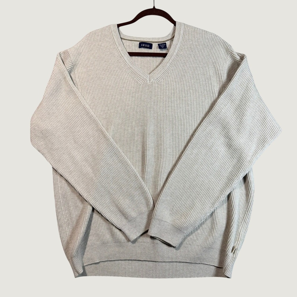 IZOD Mens V-Neck Sweater XL Beige Tan Ribbed Knit 100% Cotton Pullover